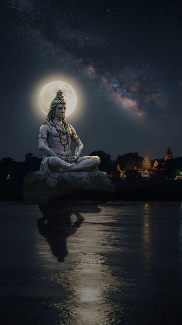 Lord Shiv Meditation Full Moon Milky Way River 4K Wallpaper