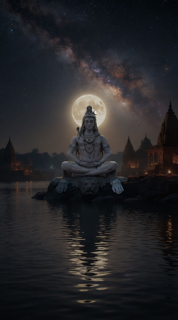 Lord Shiv Milky Way Galaxy Temple River Night 4K Wallpaper