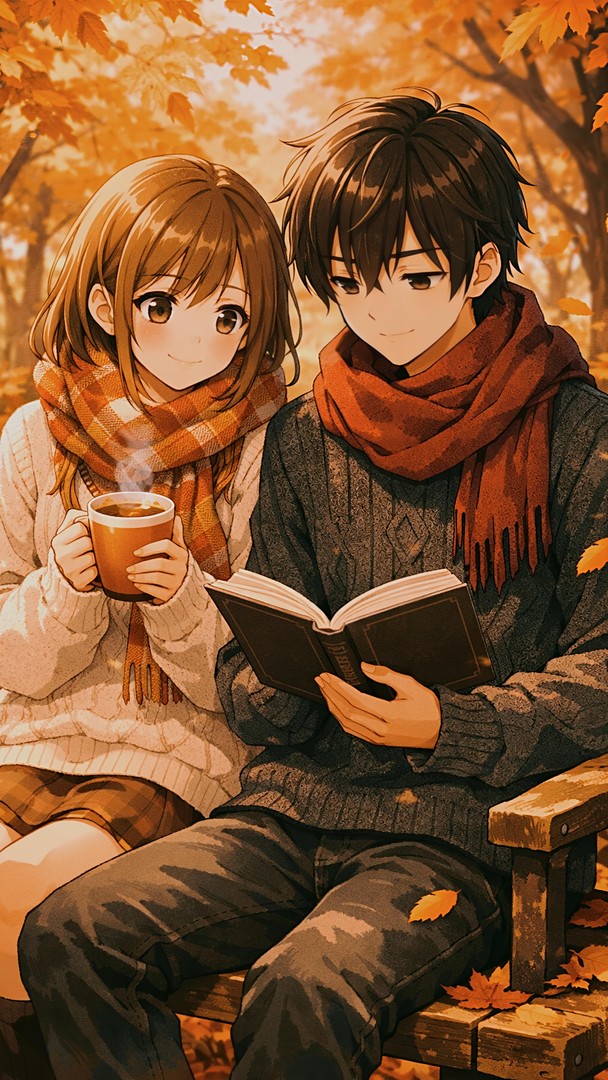 Anime Autumn Cozy Couple HD Wallpaper 4K