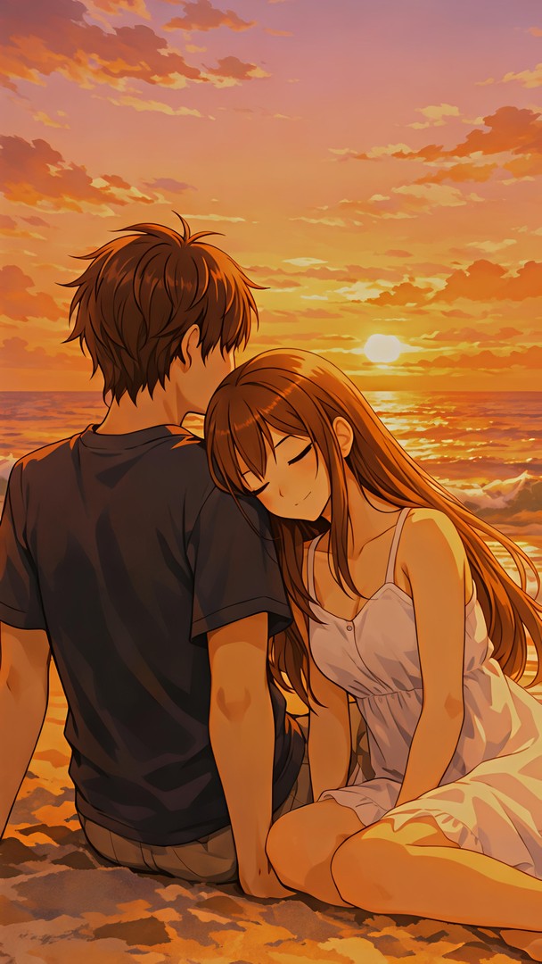 Anime Romantic Sunset Beach HD Wallpaper 4K