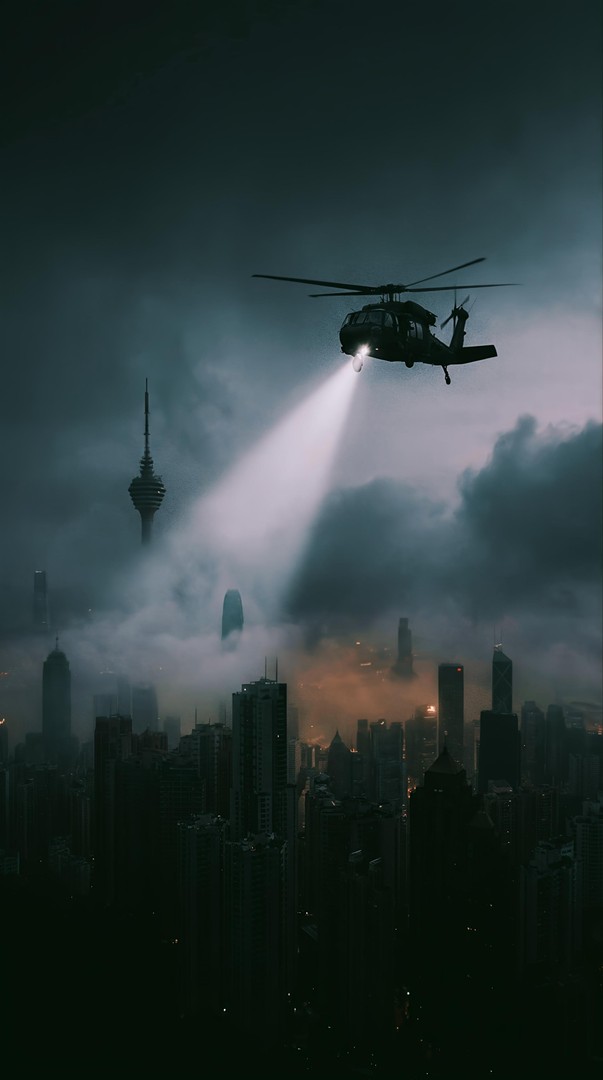 Helicopter Over Foggy City Night HD Wallpaper 4K