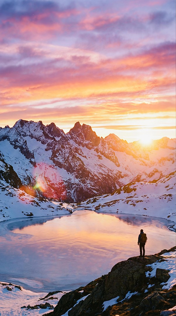 Snowy Mountain Lake Sunset HD Wallpaper 4K