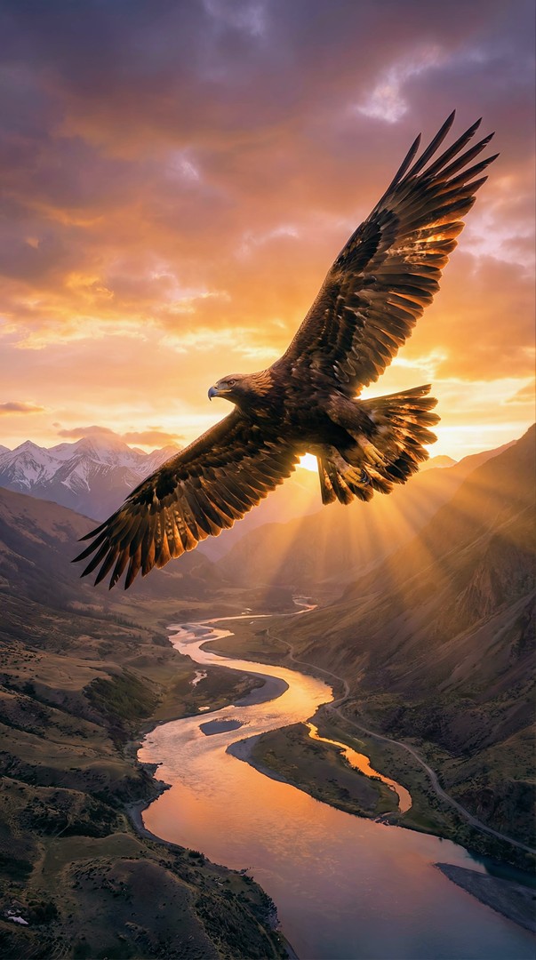 Golden Eagle Flying Over Mountain River HD Wallpaper 4K