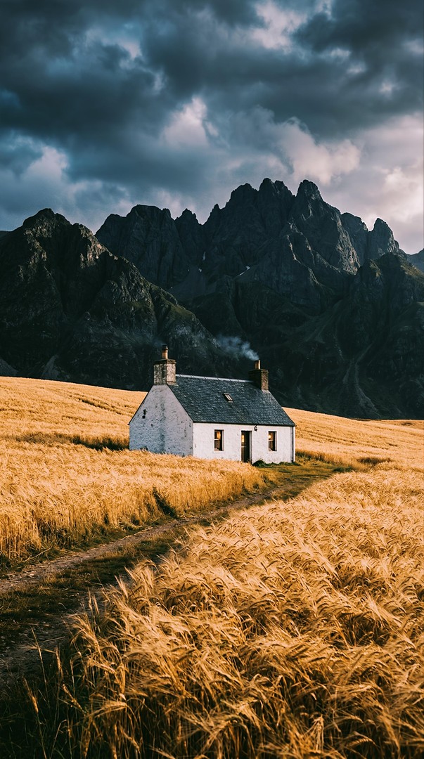 Lonely Cottage in Golden Wheat Field HD Wallpaper 4K