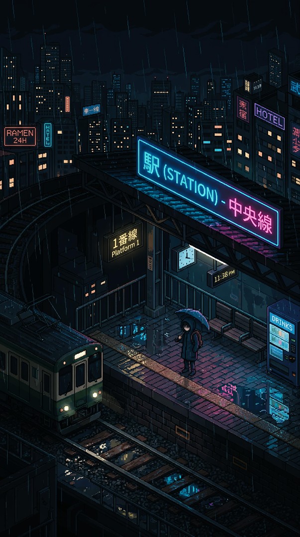 Rainy Night Train Station Pixel Art HD Wallpaper 4K
