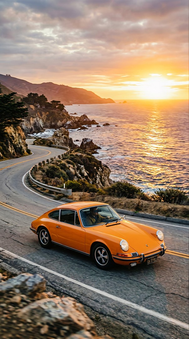 Classic Orange Sports Car on Coastal Highway HD Wallpaper 4K