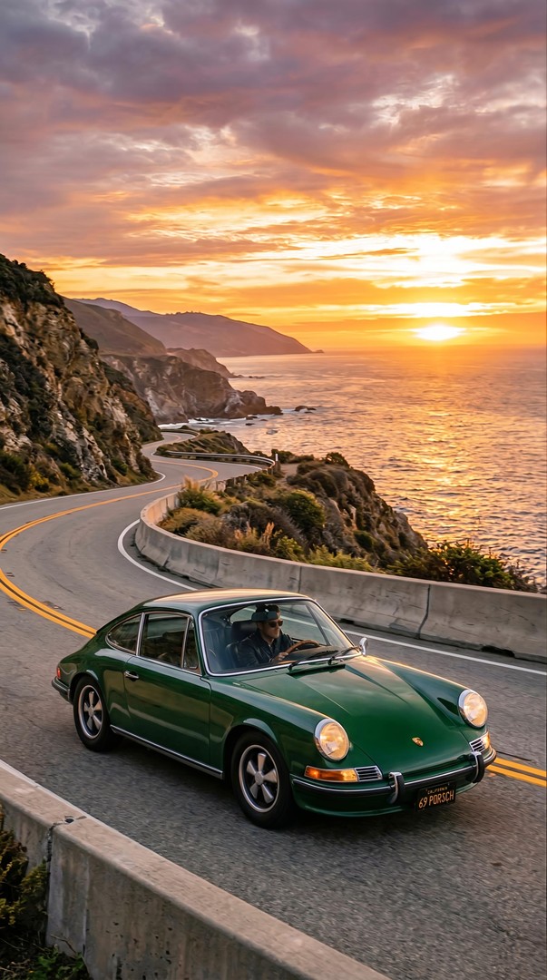 Classic Green Sports Car Coastal Sunset Drive HD Wallpaper 4K