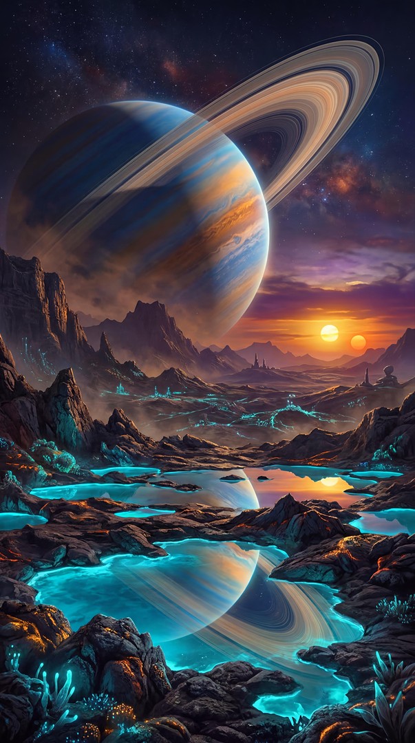Alien Planet Landscape with Rings HD Wallpaper 4K - Sci-Fi World