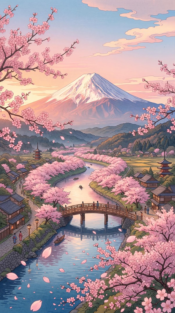 Mount Fuji Sakura Landscape Art HD Wallpaper 4K - Japanese Spring Scene