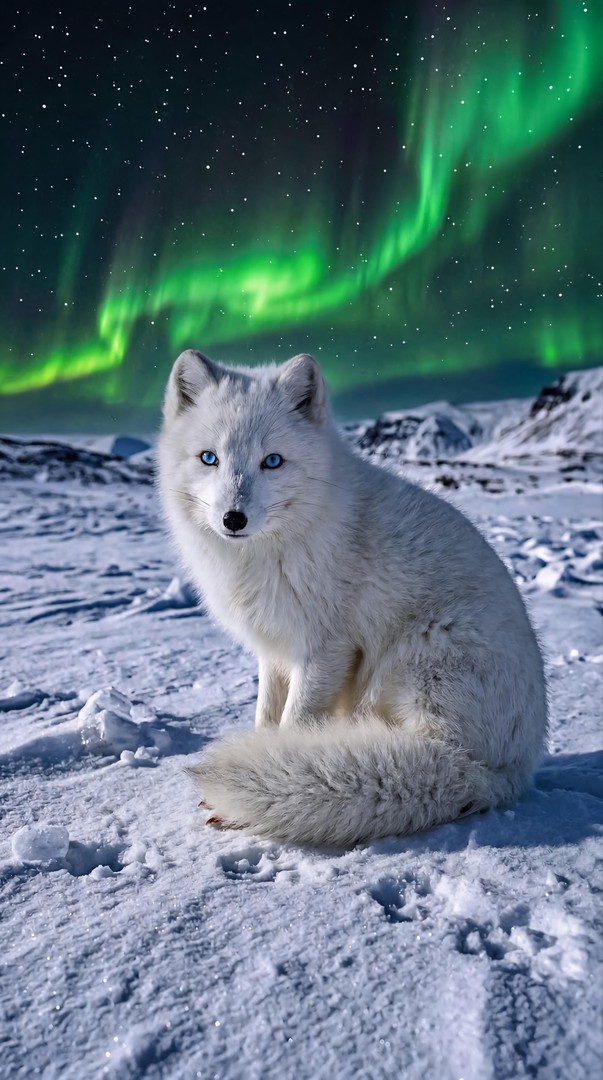 Arctic Fox Under Northern Lights HD Wallpaper 4K - Snow Night Scene