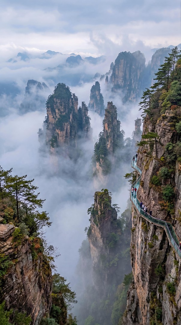 Misty Mountain Cliff Walk HD Wallpaper 4K - Foggy Nature Landscape