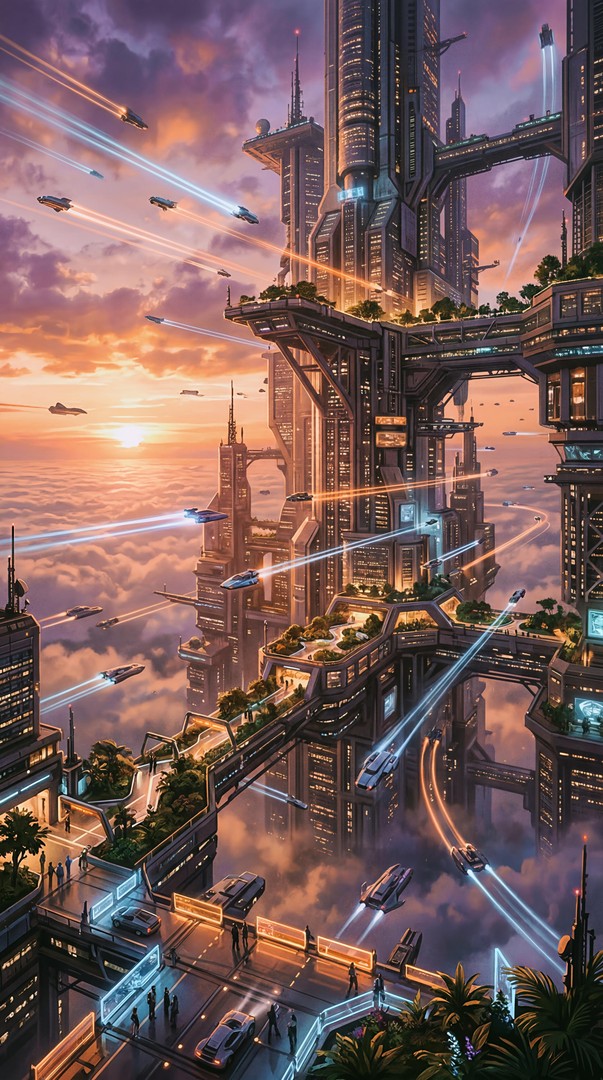 Futuristic Sky City HD Wallpaper 4K - Sci Fi Flying Traffic