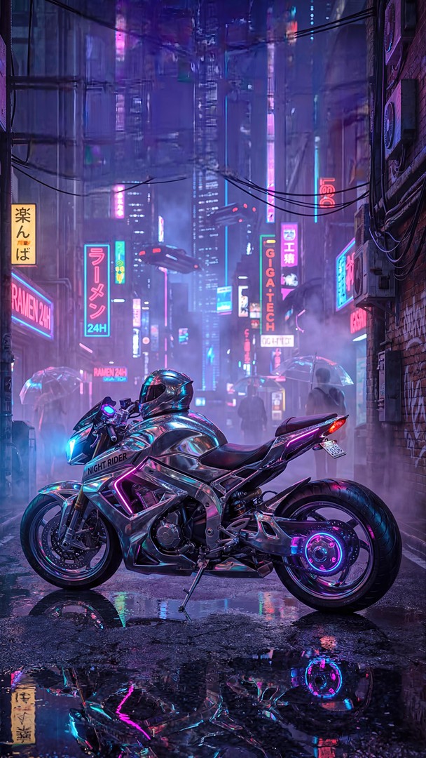 Cyberpunk Neon Bike HD Wallpaper 4K - Futuristic Night Street