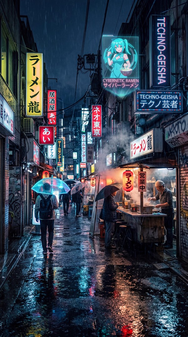 Cyberpunk Ramen Street HD Wallpaper 4K - Neon Night Market