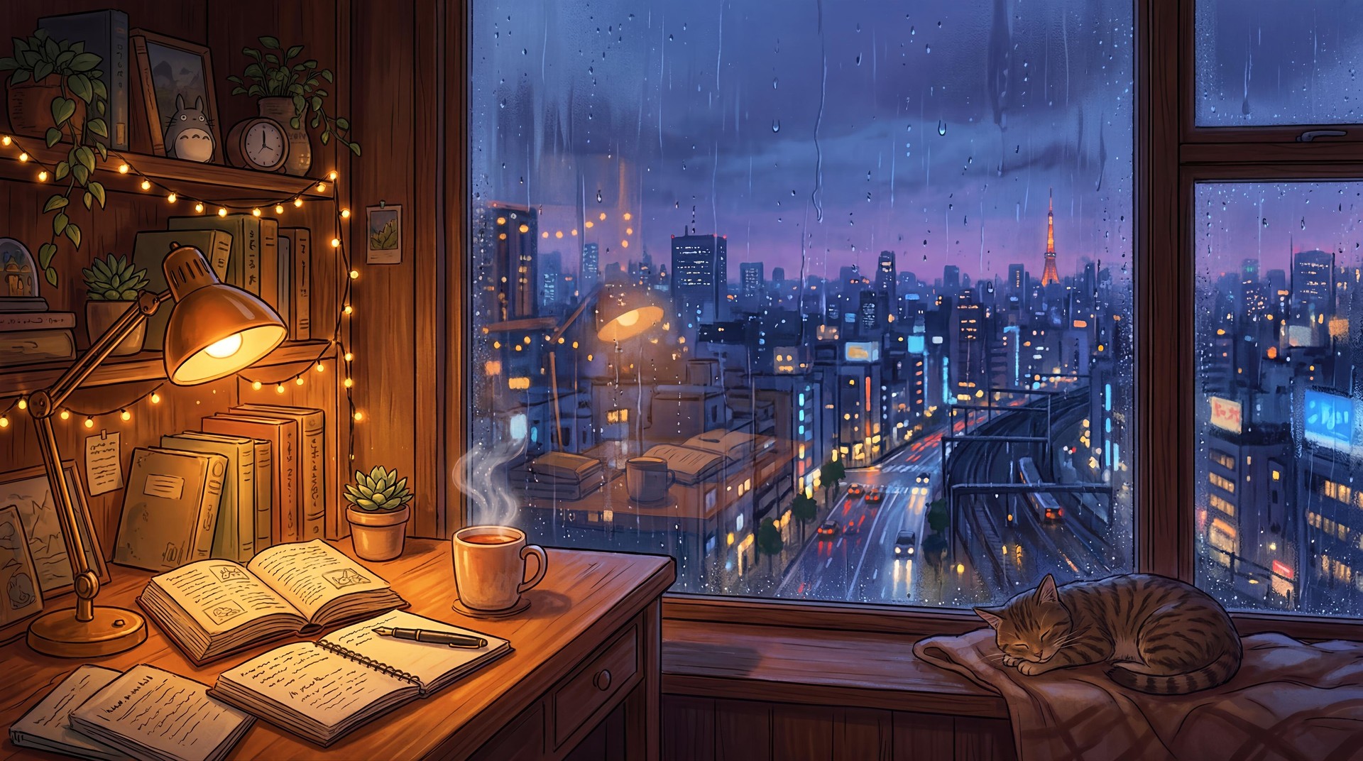 Cozy Rainy Night Room HD Wallpaper 4K - Anime City Aesthetic