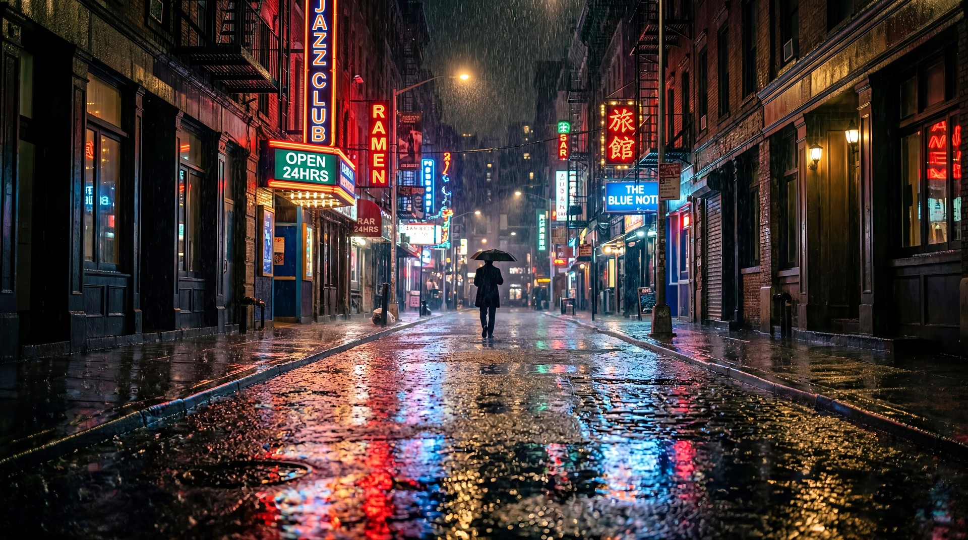 Rainy Neon City Street HD Wallpaper 4K - Cyberpunk Night Aesthetic