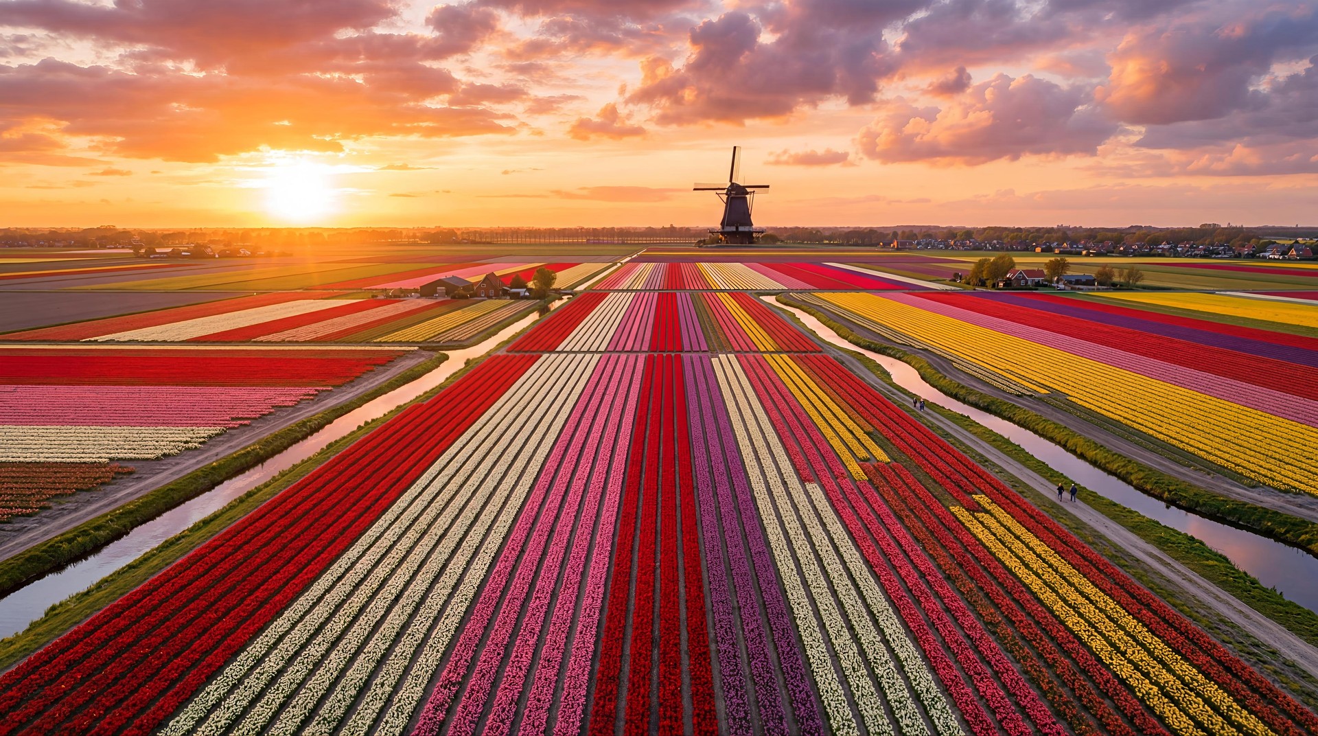 Colorful Tulip Fields HD Wallpaper 4K - Netherlands Windmill Aesthetic