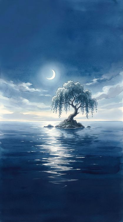 Mystical Blue Tree Under Crescent Moon