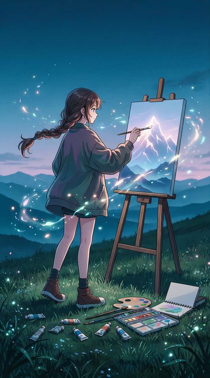 Anime Girl Painting Mountains Night Sky 4K Wallpaper