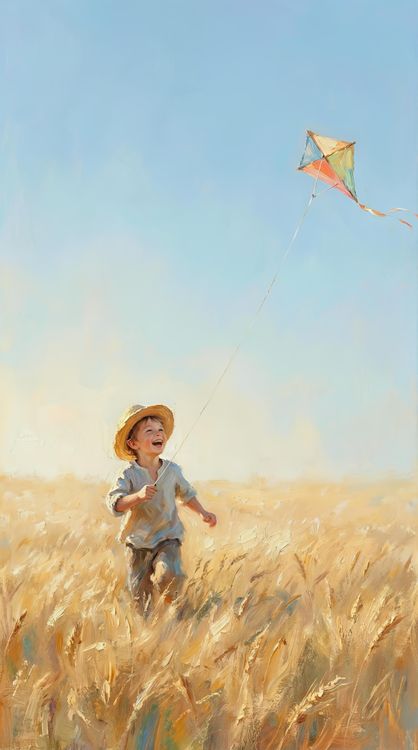 Boy Flying Kite Golden Wheat Field Oil Painting 4K Wallpaper