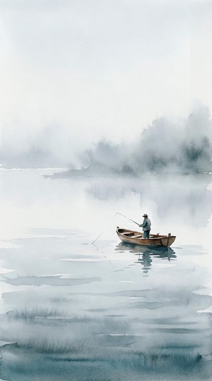 Man Fishing Wooden Boat Misty Lake Watercolor 4K Wallpaper
