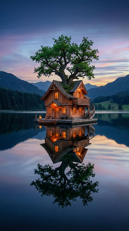 Magical Treehouse Cabin on Lake HD Wallpaper 4K